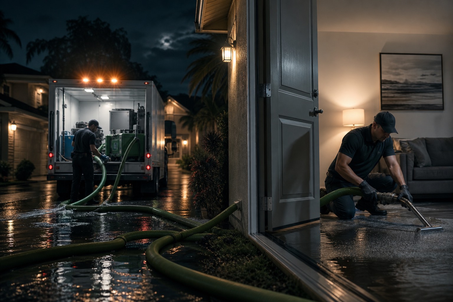 A service truck with amber beacon lights on a wet street at night, extraction hoses running from a carpeted room through an open door.