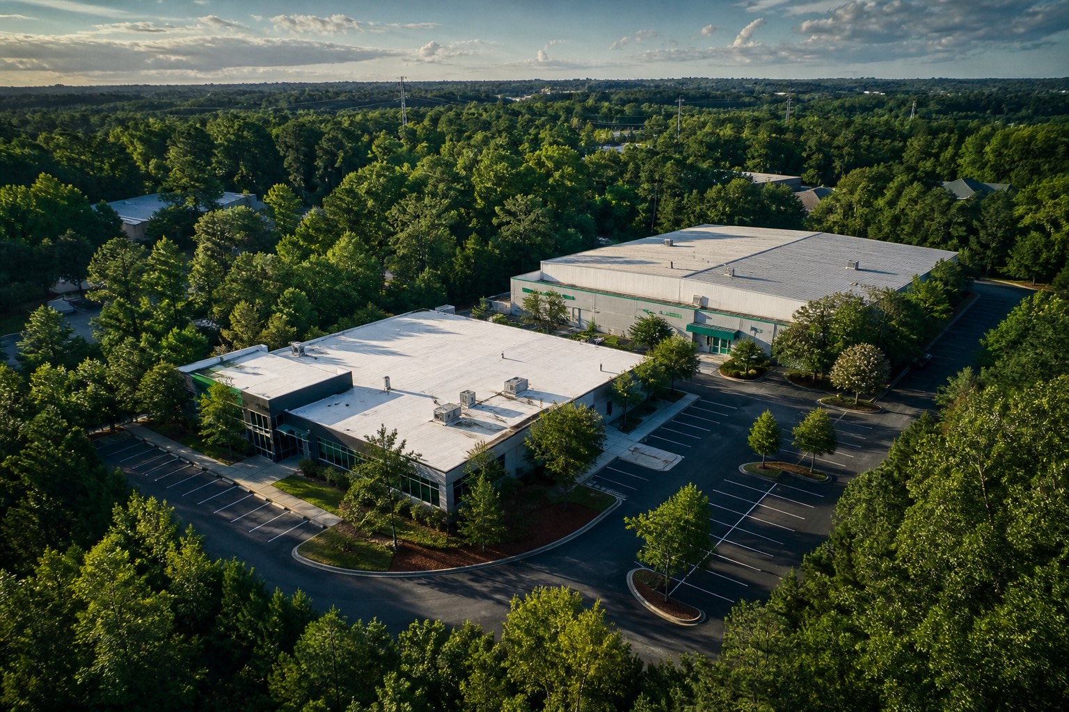 Aerial view of a low commercial building in golden afternoon light, surrounded by dense green tree canopy.