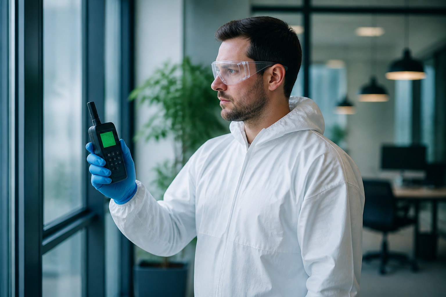A person in protective coveralls and blue gloves taking an air-quality reading with a digital meter near a large window.