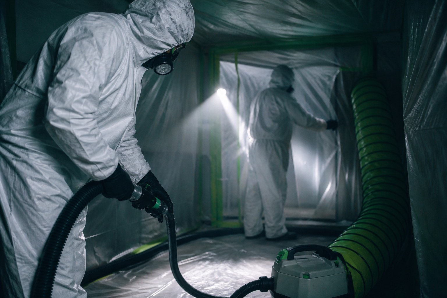 People in white protective suits working inside a sealed containment area fitted with a negative-air machine.