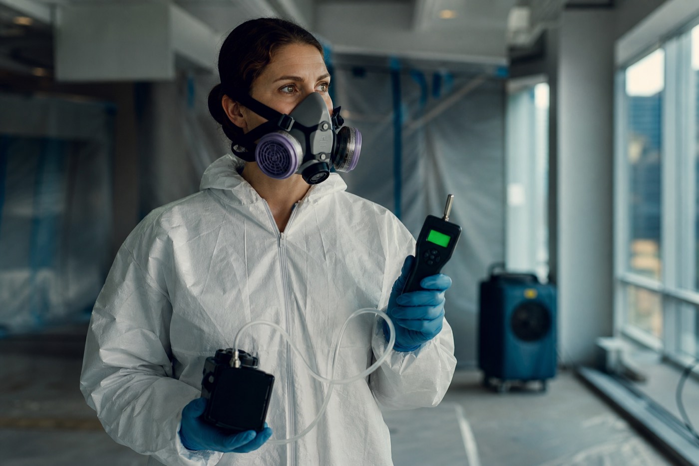 A person in a white protective coverall and gloves holding a handheld air-quality meter with a green-lit display, in a bright modern office interior.